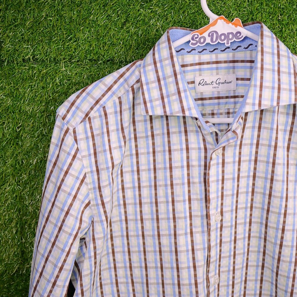 Robert Graham Plaid Cotton Long Sleeve Button Up Blue Brown - Men's Size 15.5